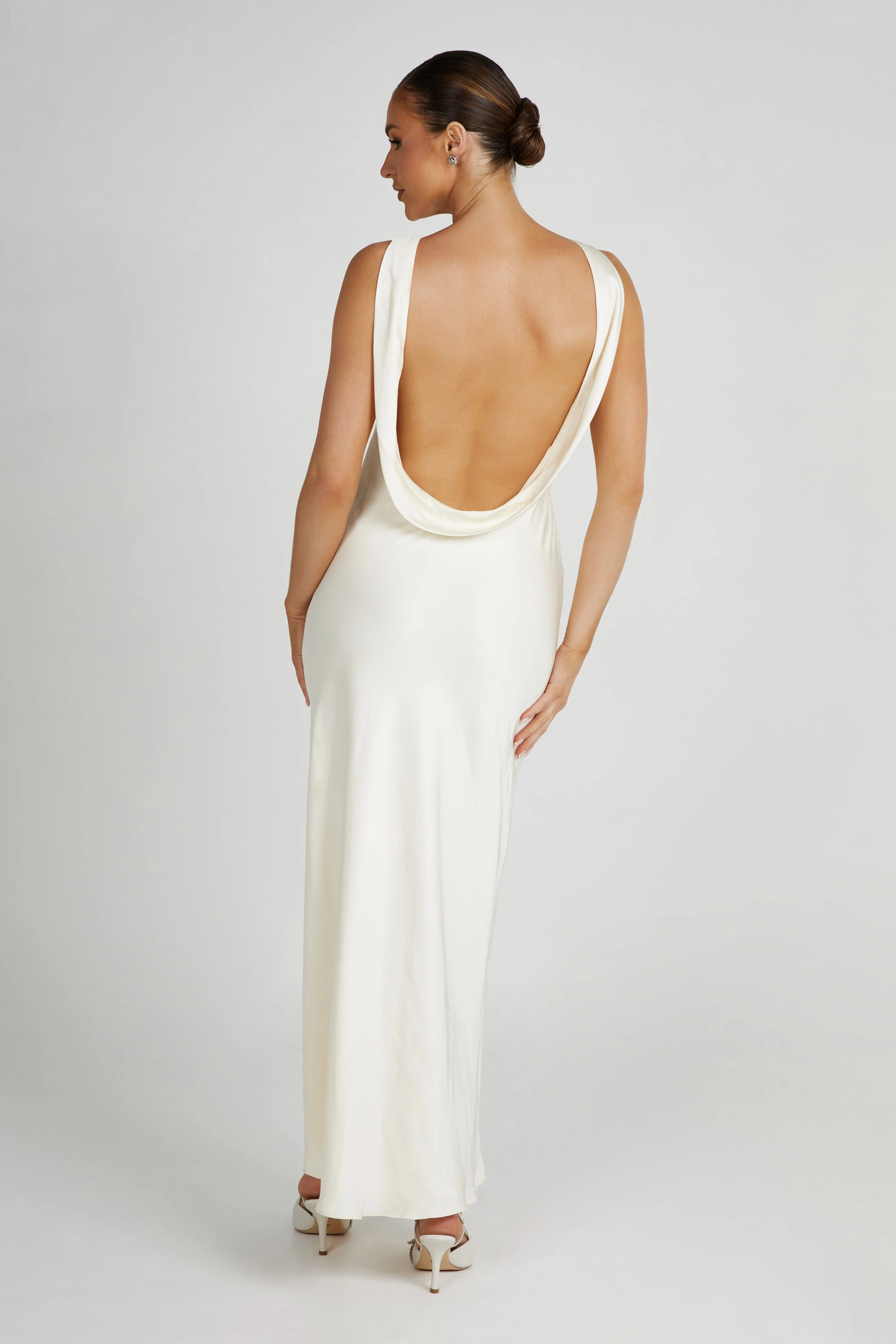 Gemima Satin Maxi Dress With Split - Ivory | MESHKI US