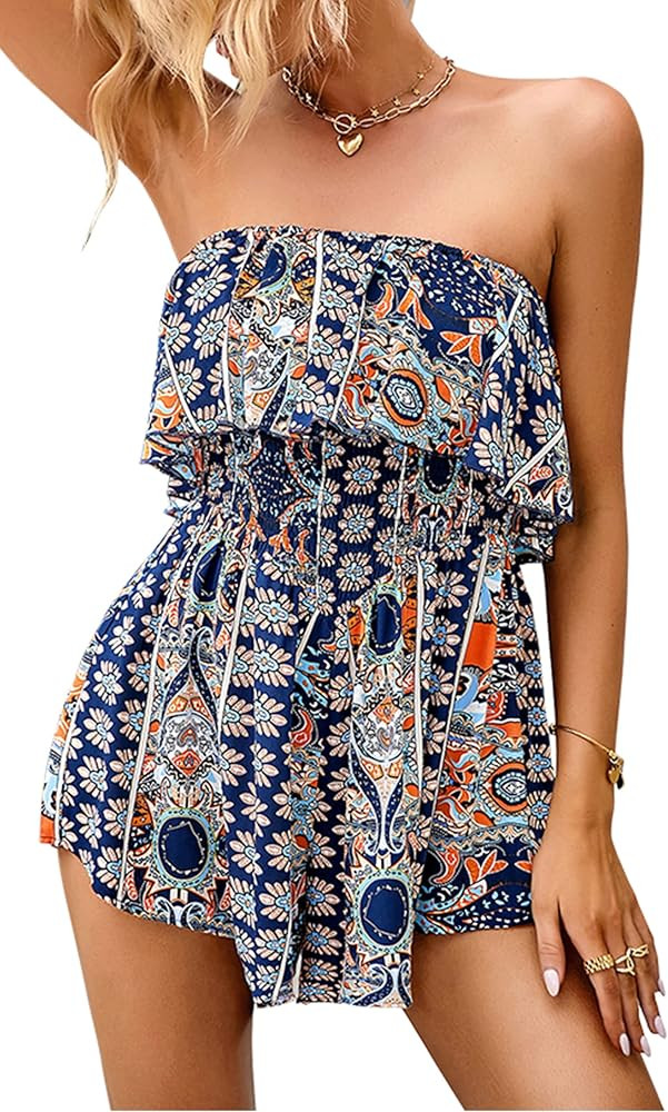 ECOWISH Women Off Shoulder Romper Strapless Floral Print Striped Beach Shorts Jumpsuit | Amazon (US)