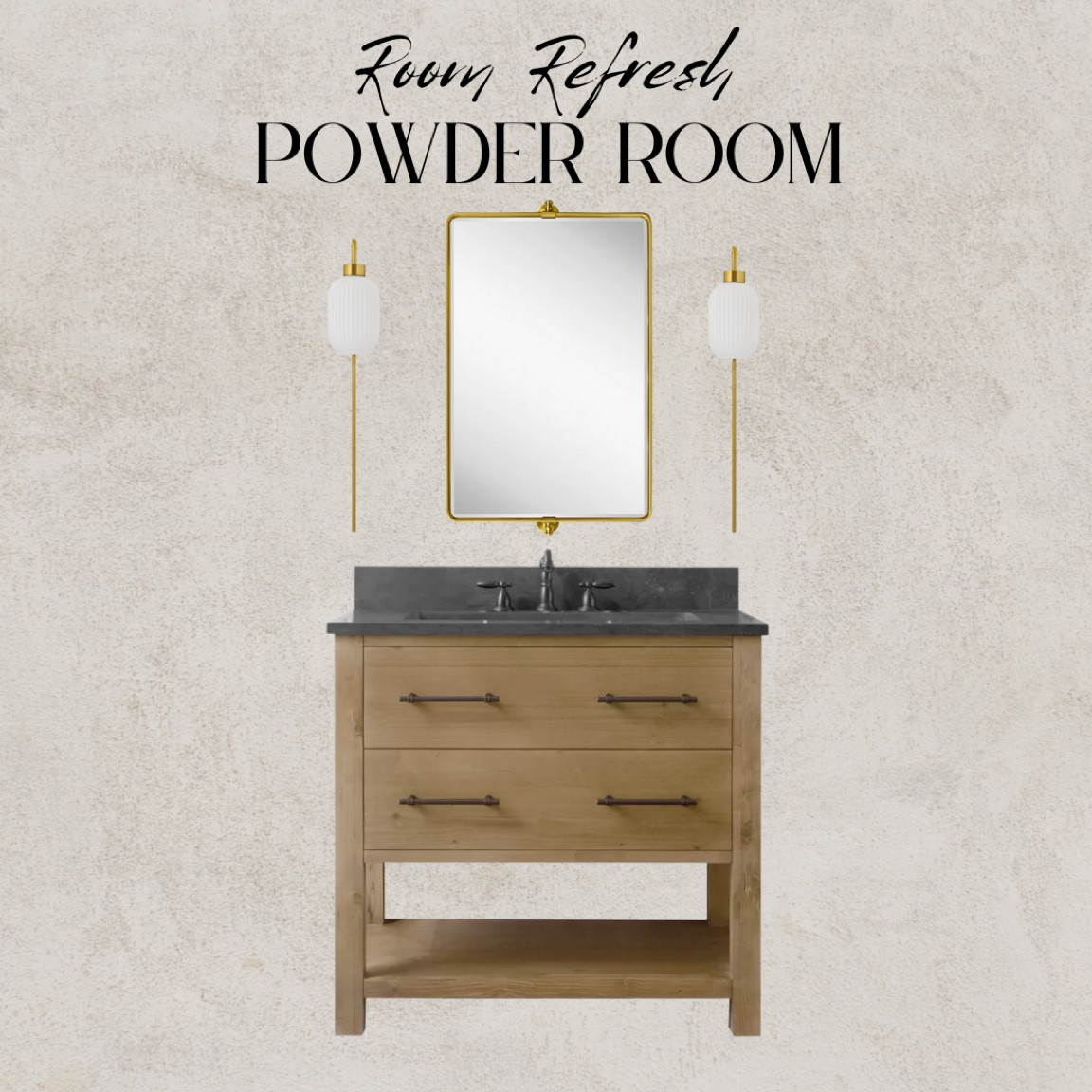 Room refresh for a powder room from Wayfair! Tan oak vanity, blue limestone countertop, black faucet, gold swivel mirror, brass mirror, gold wall sconce brass wall sconce

#LTKFind #LTKhome #LTKSale