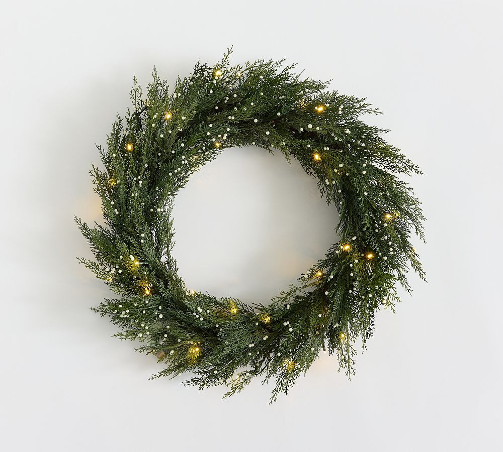 Lit Cedar Berry Pine Wreath Ivory 28 | Pottery Barn (US)