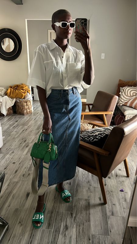 Transitional fall outfits! Column denim skirt, white short sleeve cropped button up shirt, green Chanel slides, white Prada sunglasses and green quilted gucci bag. 

#LTKstyletip #LTKfindsunder100 #LTKSale