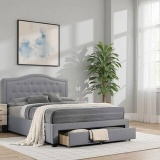 Buk Gray Wood Frame Queen Size Panel Bed with Storage and Nailhead Trim | The Home Depot