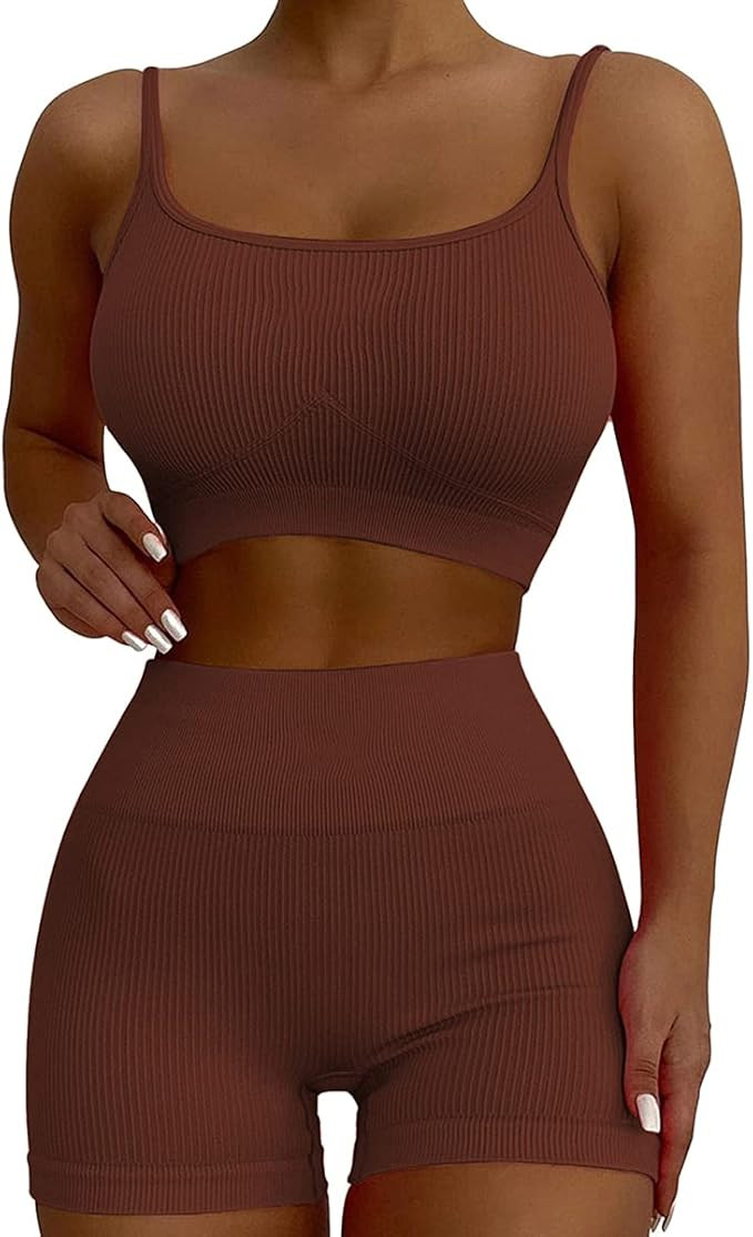 Workout Sets for Women 2 Piece Seamless Ribbed High Waist Shorts with Cami Sport Bra Gym Yoga Out... | Amazon (US)