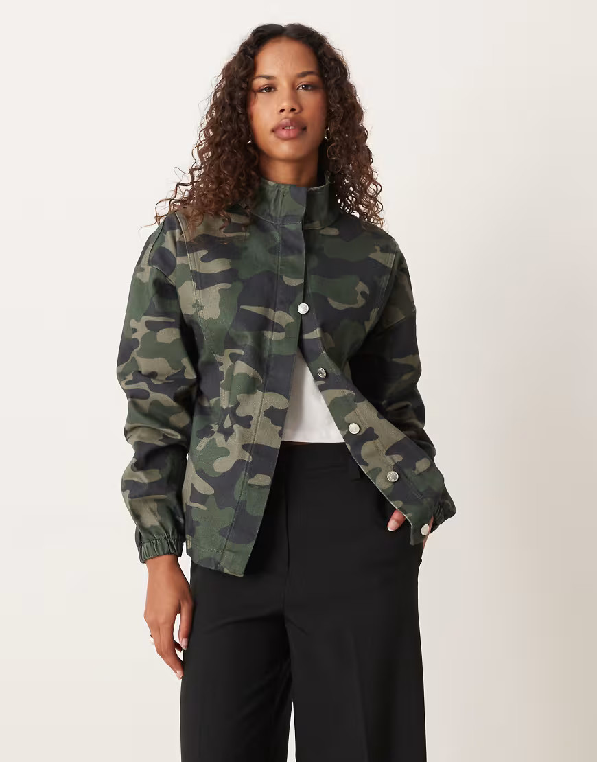 ASOS DESIGN denim funnel neck jacket in camo print-Green | ASOS (Global)