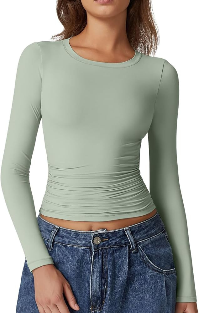 QINSEN Womens Crewneck Long Sleeve Shirt Double Lined Basic Tees Side Ruched Going Out Crop Tops | Amazon (US)