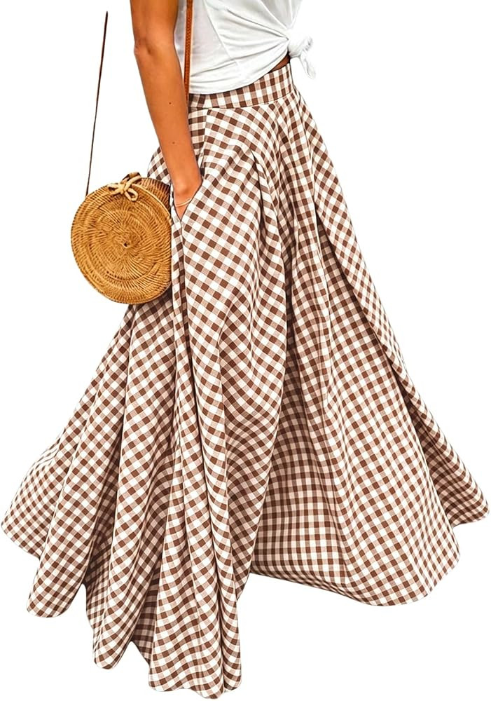 HOUZONIY Womens Plaid Gingham Maxi Skirt Elastic Waist Pleated Flared A Line Swing Summer Pull On... | Amazon (US)