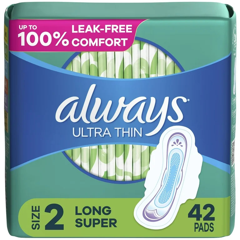 Always Ultra Thin Pads with Wings, Size 2, Long Super Absorbency, 42 Count | Walmart (US)