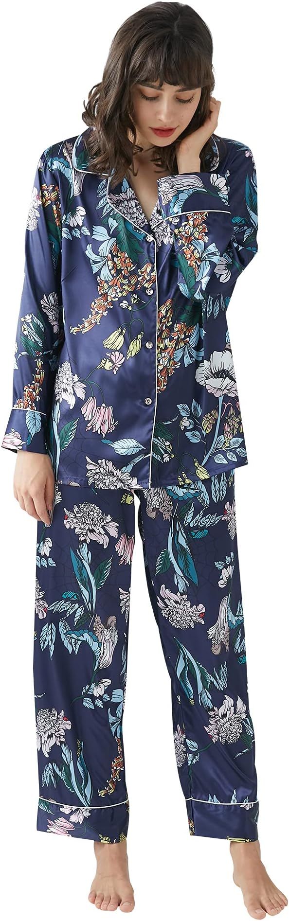 Belle Heure Women’s Silk Satin Classic Long Sleeve Pajamas Button Down Silky Floral Animals Pat... | Amazon (US)