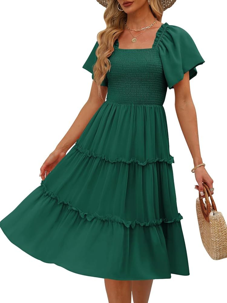 LILLUSORY Women's Summer Casual Flutter Sleeve Square Neck Smocked Midi Dress | Amazon (US)