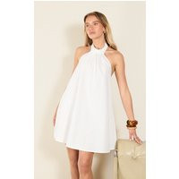 White Linen-Blend Ruched Halterneck Shift Dress | PrettyLittleThing US