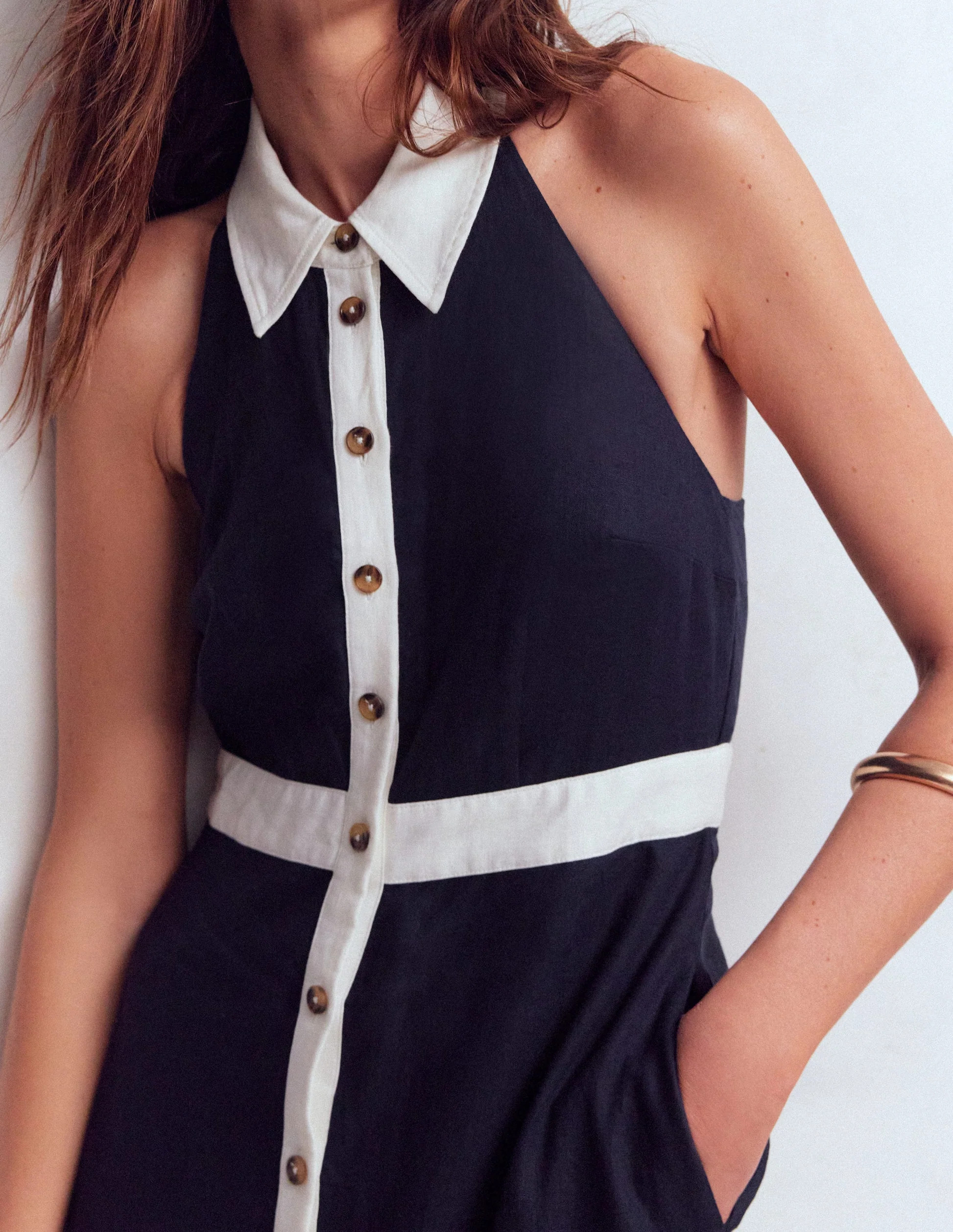 Eva Collar Halter Linen Dress-Navy Ivory | Boden (US)