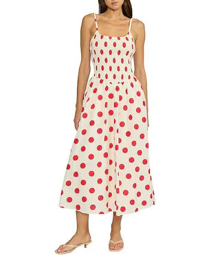 Lucy Paris Hazel Dot Printed Square Neck Sleeveless Fit and Flare Smocked Poplin Midi Dess | Dill... | Dillard's