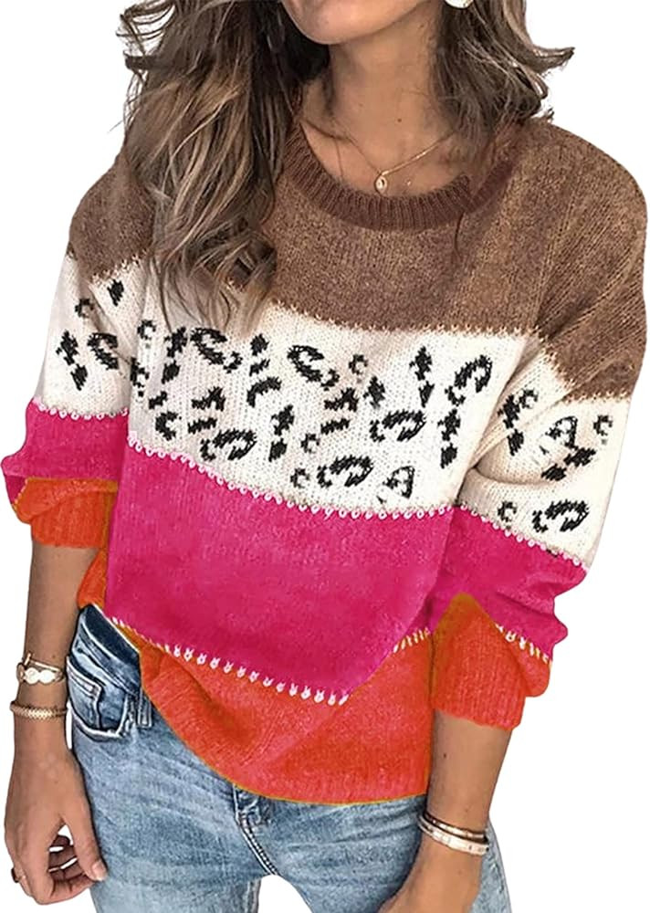 Angashion Women's Sweaters Casual Long Sleeve Crewneck Color Block Patchwork Pullover Knit Sweate... | Amazon (US)
