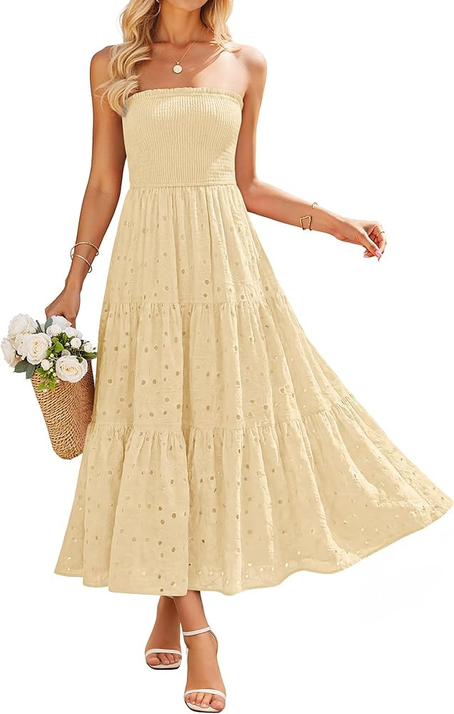 ZESICA Womens 2026 Summer Boho Strapless Midi Dresses Off Shoulder Smocked Eyelet Wedding Guest B... | Amazon (US)