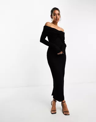 ASOS DESIGN – Langärmliges, schulterfreies Midikleid in Schwarz mit verdrehtem Detail | ASOS (Global)