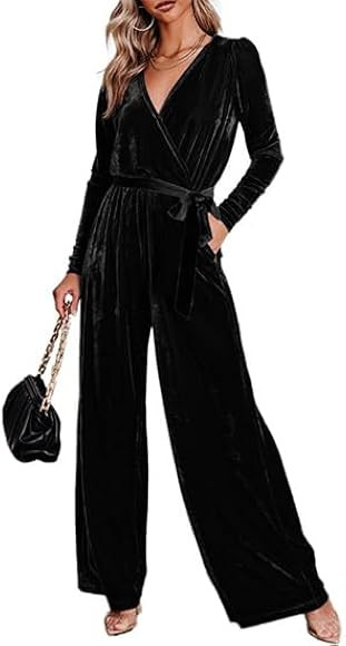 BerryGo Women's 2023 Velvet Formal Long Sleeve Wedding Guest Jumpsuits Wide Leg V Neck Romper Dre... | Amazon (US)