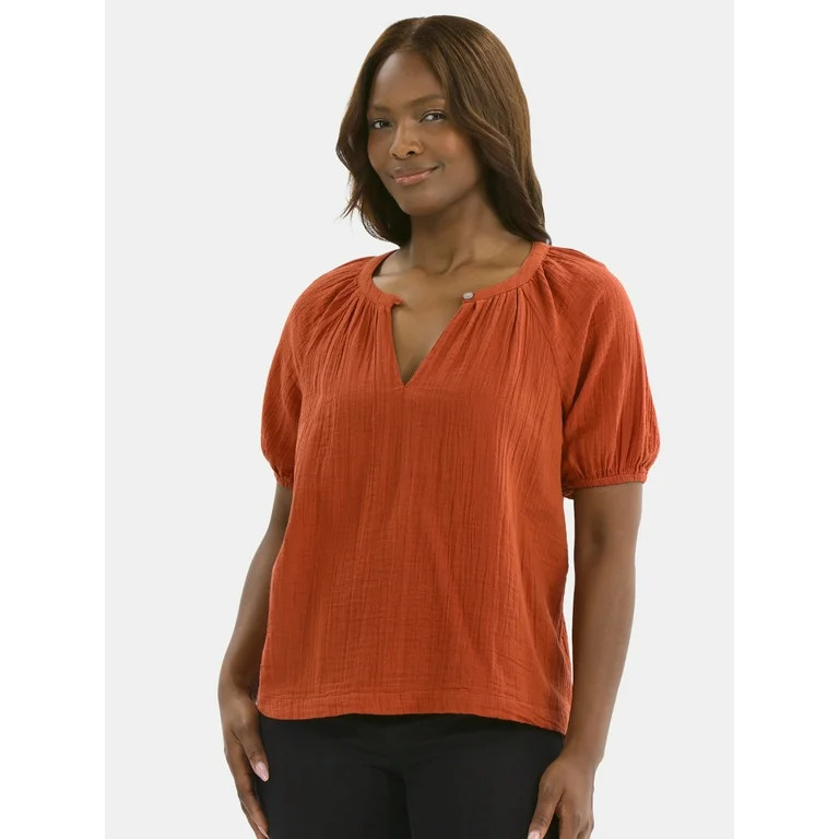 Time and Tru Women's Double Cloth Cotton Top with Short Sleeves, Sizes XS-XXXL | Walmart (US)