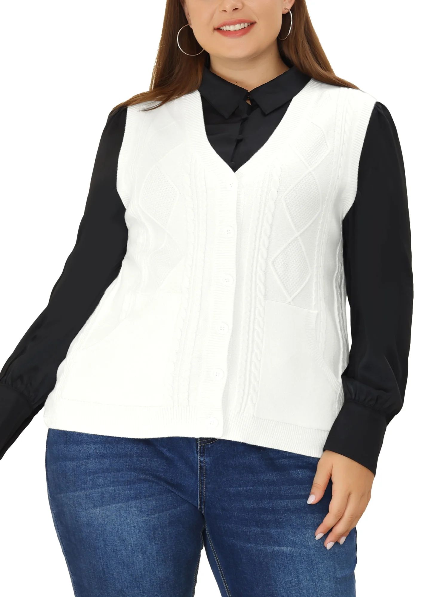 Unique Bargains Women's Plus Size Cable Knit Sweater Pocket Cardigan Vests - Walmart.com | Walmart (US)