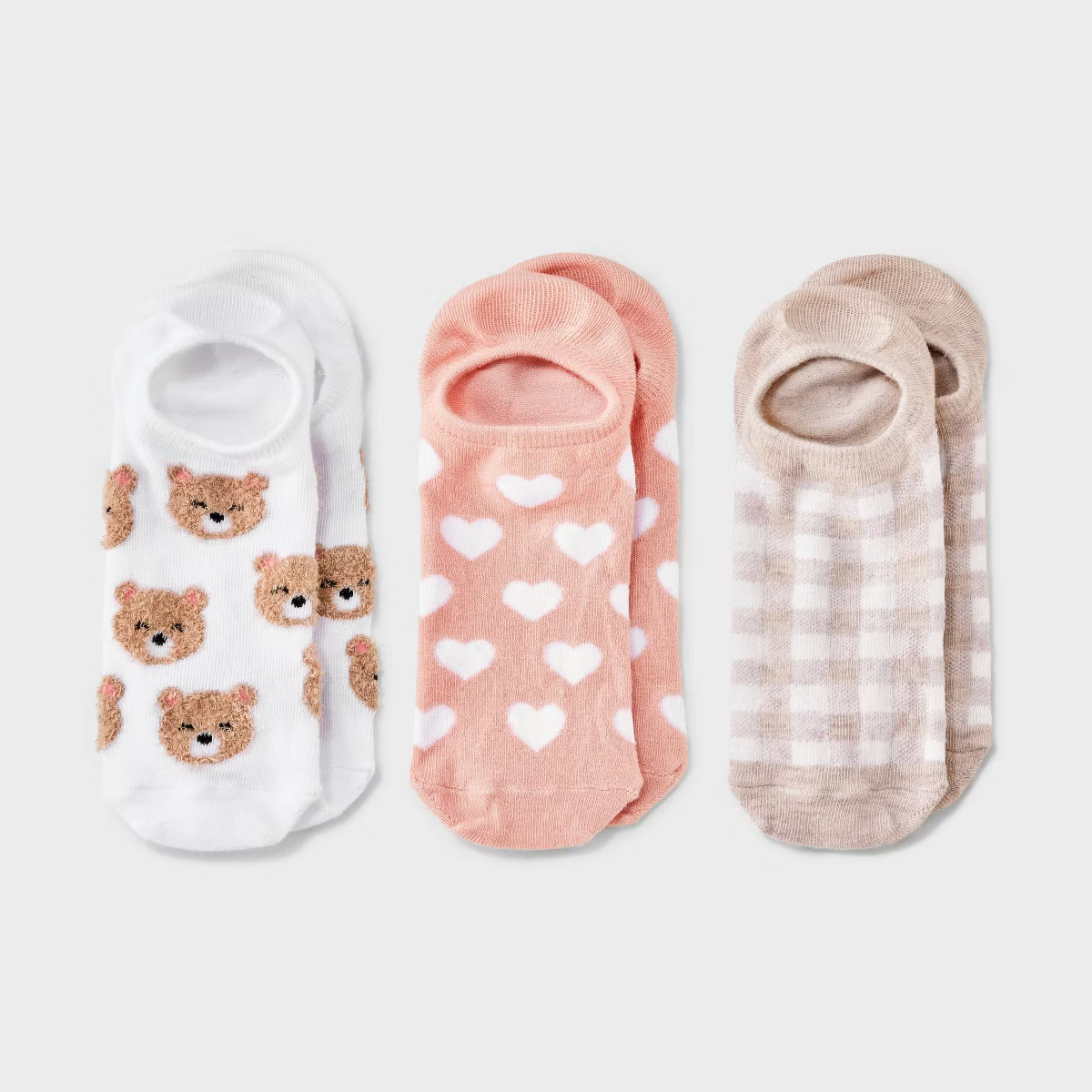Women's Teddy Bear & Hearts 3pk Liner Socks - White/Oatmeal Heather/Pink 4-10 | Target