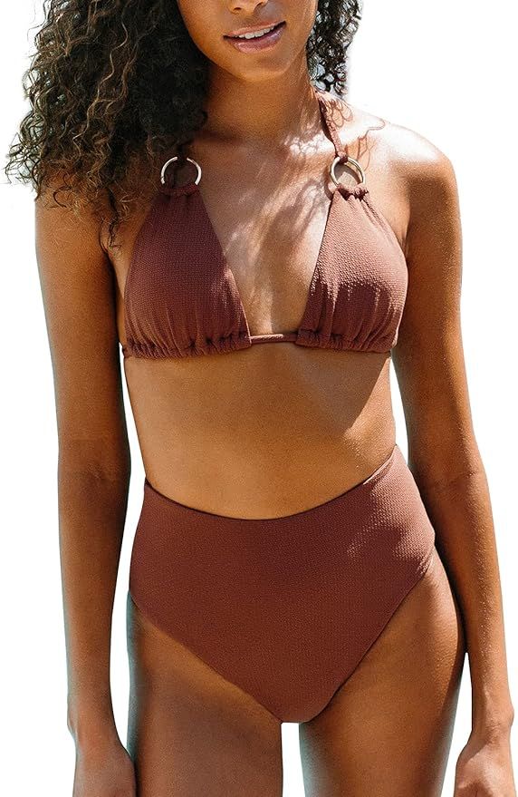 CUPSHE Women's Backless Tummy Control Bikini Set High Waisted O Ring Halter Bathing Suit | Amazon (US)