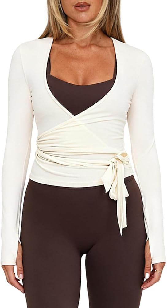 Yoga Wrap Tops for Women Y2k Long Sleeve Self Tie Workout Ballet Dance Top Cute Pilates Cover Up ... | Amazon (US)