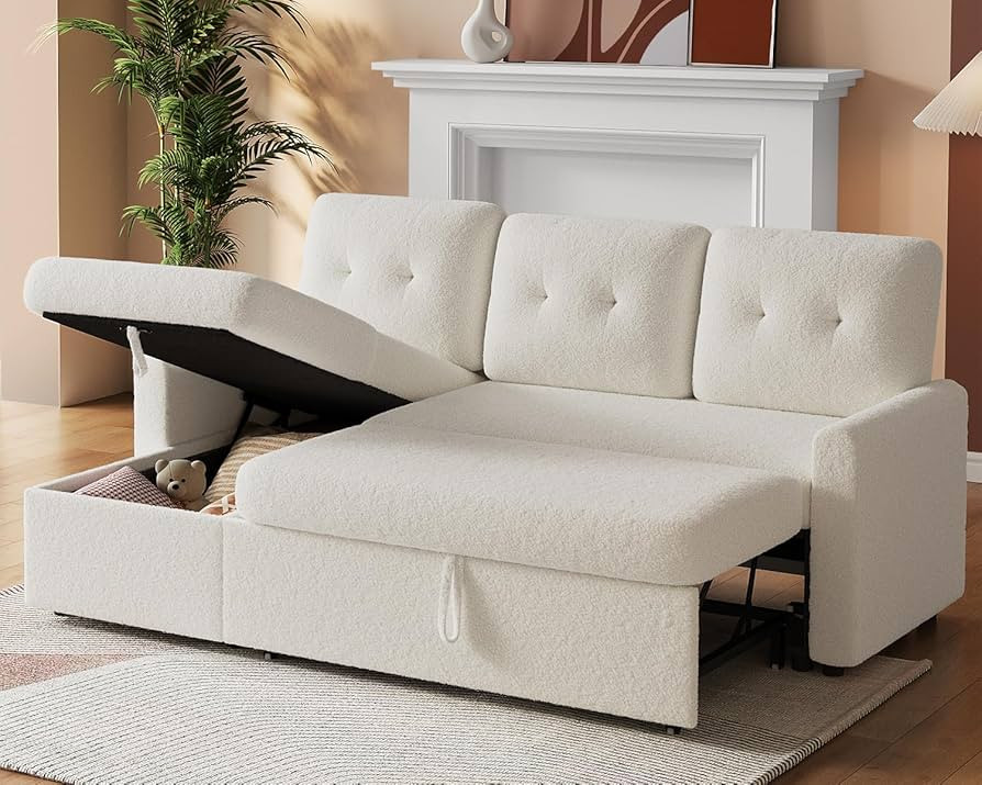 IULULU L Shaped Sectional Sofa, Convertible Sleeper Boucle Couch with Pullout Bed, Storage Chaise... | Amazon (US)