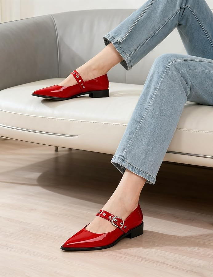 Mary Jane Shoes Women Chunky Low Heels Buckle Strap Pumps Womens Closed Pointed Toe Ballet Flats ... | Amazon (US)