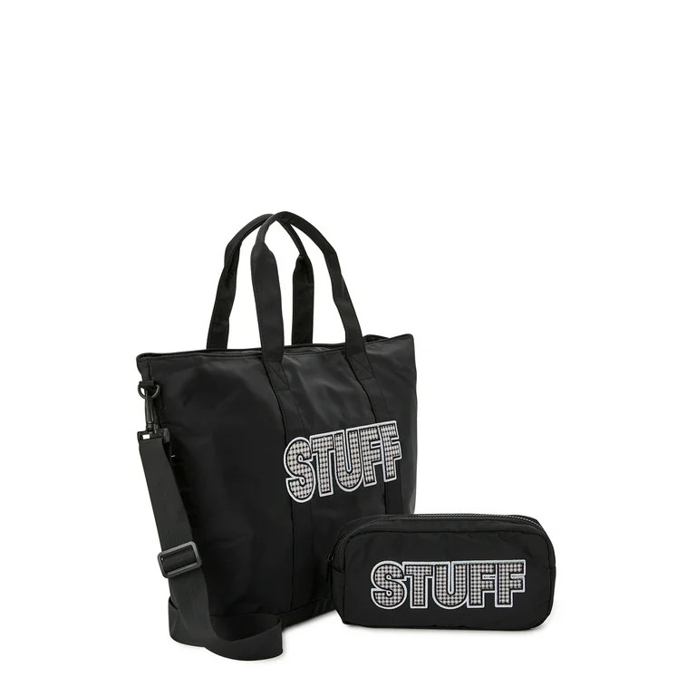 No Boundaries Women's Oversized Tote and Pouch Set, 2-Piece Black Soot | Walmart (US)