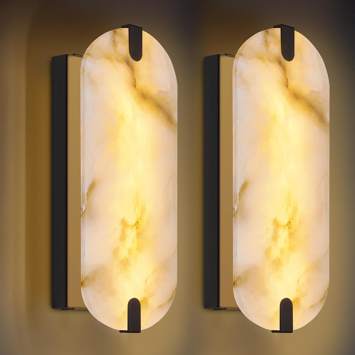 14.17in Alabaster Wall Sconces, Natural Marble Wall Light Set of Two, Modern LED Alabaster Sconces for Living Room Indoor Wall Lamps for Dining Room Stairs Bedroom,Black | Amazon (US)