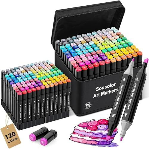 Soucolor Marcadores de alcohol de 120 colores con estuche y soportes, cincel de doble punta y mar... | Amazon (US)