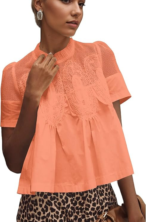 Women Lace Trim Blouse Mesh See Through Puff Short Sleeve Ruffle Pleated Shirts Mock Neck Summer ... | Amazon (US)