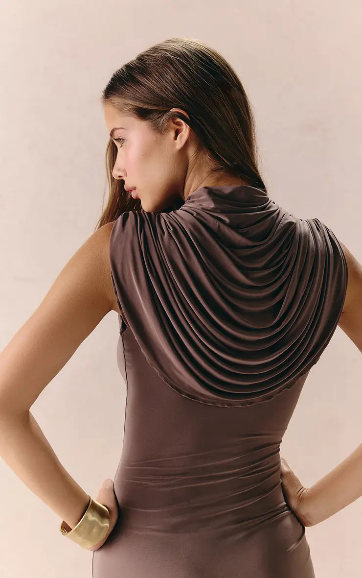 Taupe Slinky Draped Neck Maxi Dress | PrettyLittleThing US