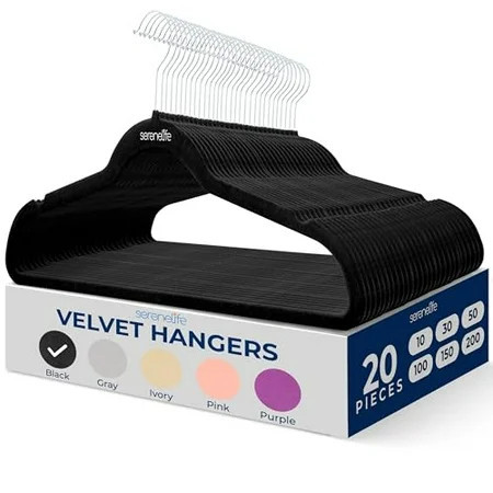 SereneLife Velvet Hangers 20 Pack - Non-Slip Felt Hangers with 360° Swivel Hook - Ultra-Thin, Lightweight Velvet Hangers for Shirts, Sweaters, Hoodies, Kids Clothes & Dresses - Space-Saving, Black | Walmart (US)