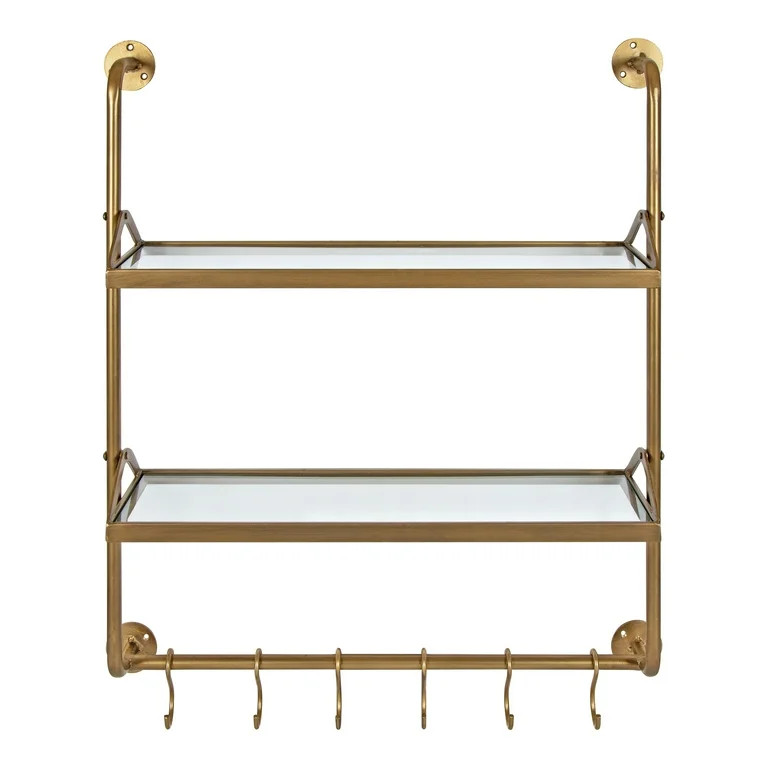 Kate and Laurel Marit Modern Industrial Wall Shelf with Metal Pipe Supports and Glass Shelves, Go... | Walmart (US)