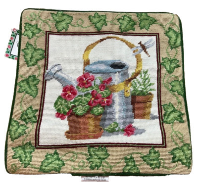 Handmade Wool Needlepoint Throw Pillow Cover Pansies Ivy Garden Watering Can 14" | eBay US