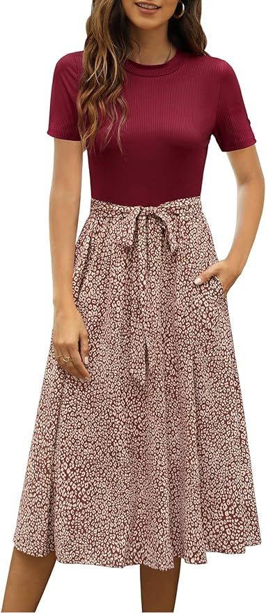 Zattcas Women Short Sleeve Ribbed Midi Dress Modest Casual Work Dress with Pockets | Amazon (US)