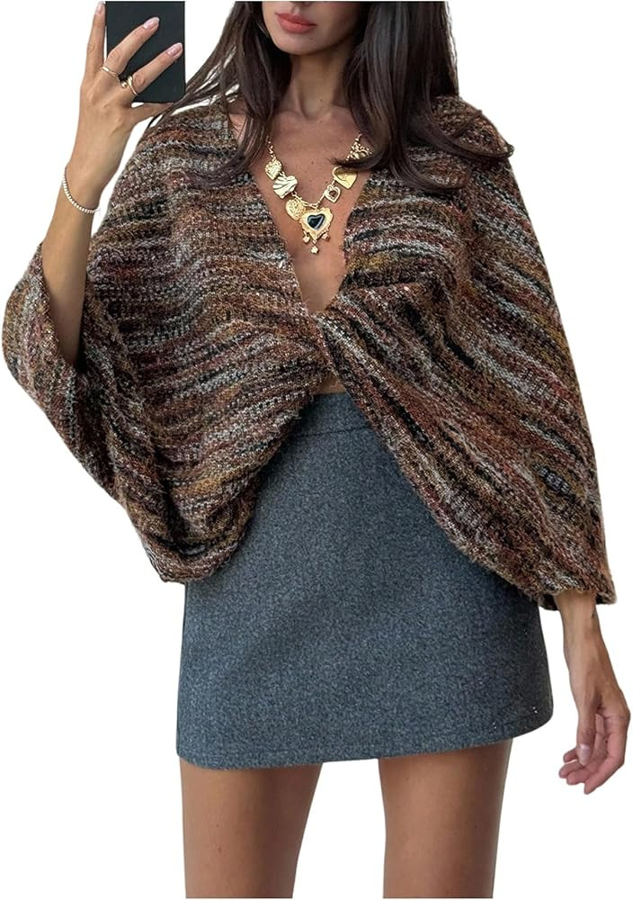 MakeMeChic Women's Striped Fuzzy Twisted Sweater V Neck Long Sleeve Vintage Knitted Pullover Tops | Amazon (US)