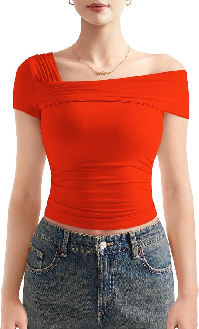 SUUKSESS Women One Off The Shoulder Summer Tank Tops Ruched Short Sleeve Shirts | Amazon (US)