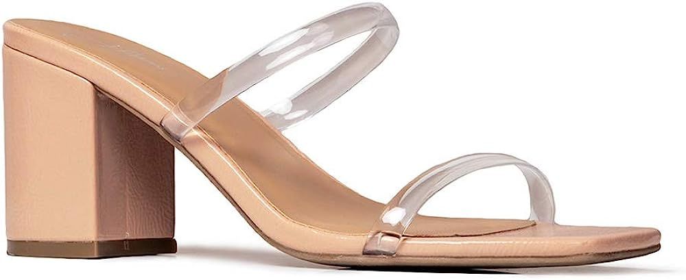 J. Adams Stormi Mules for Women - Square Toe Double Band Low Block Heel Sandals | Amazon (US)