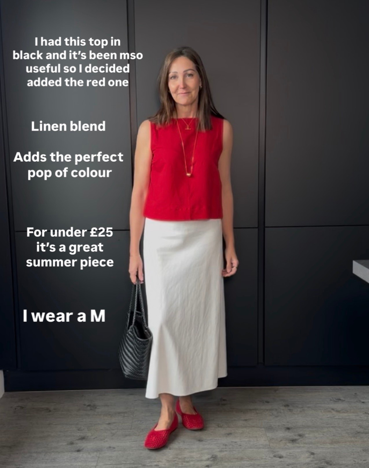 I’ve worn the black version of this linen blend top so much I decided to add the red. There are loads of other colours to choose from but this adds the perfect pop of red. 
I wear a M