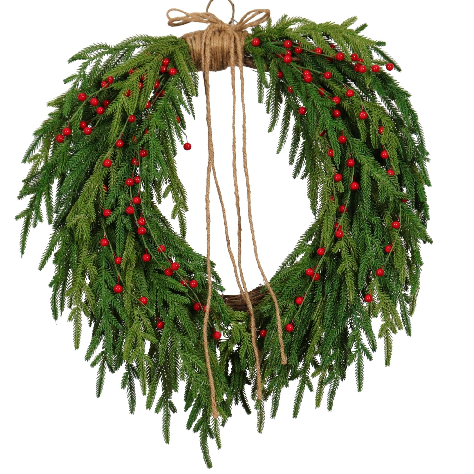 24-Inch Real Touch Norfolk Pine Christmas Wreath with Red Berries and Jute Bow - Lifelike Soft Pi... | Amazon (US)