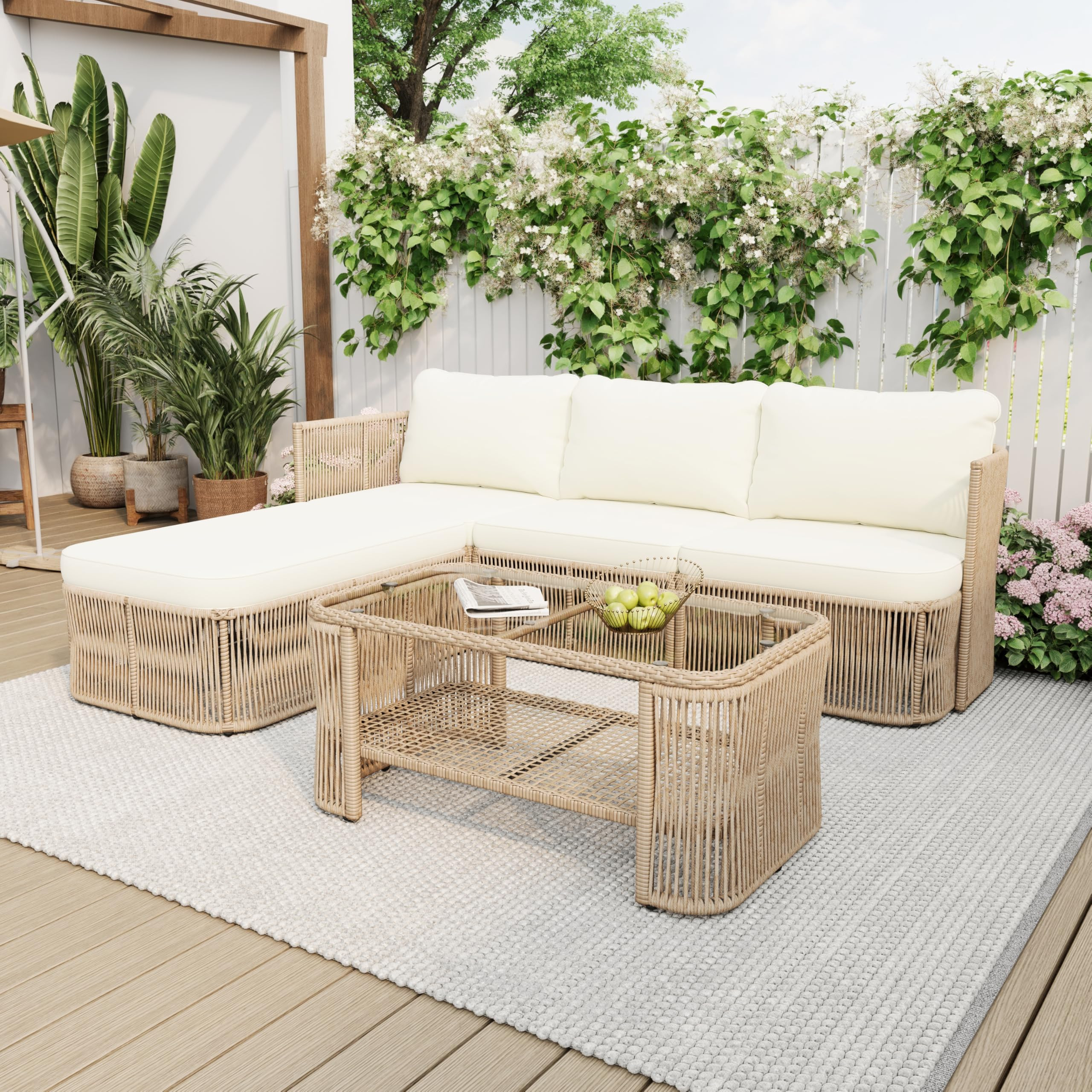 Amazon.com: Merax 4-Piece Patio Furniture Set, L-Shaped Outdoor Wicker Modular Sectional Sofa with Thick Cushions and Glass Top Coffee Table, Rattan Patio Conversation Set for Backyard, Garden and Poolside, Beige : Patio, Lawn & Garden | Amazon (US)