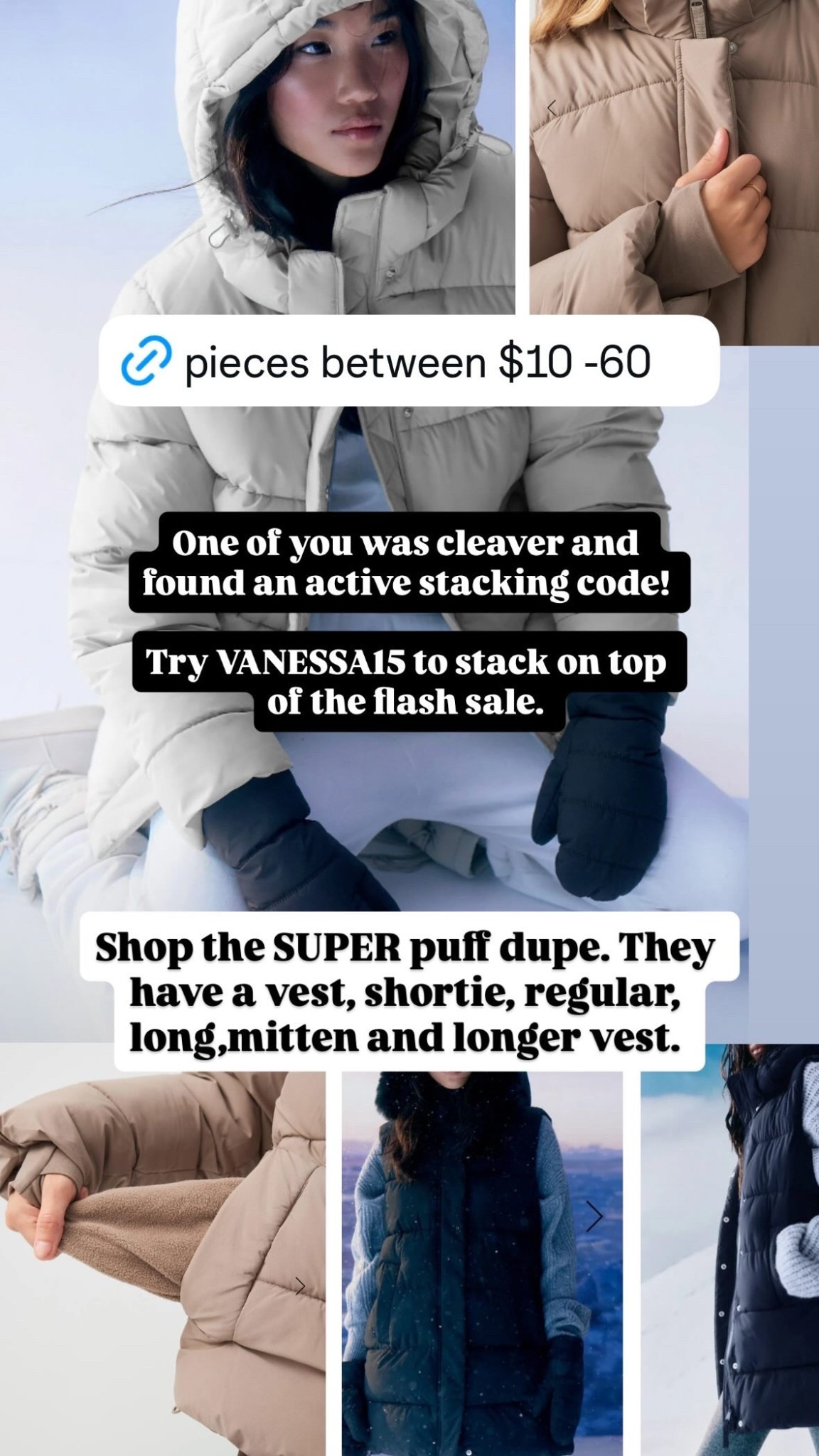 Super puff dupe. The air chill collection is a fraction of the cost. Difference: poly fill to minus 20  

#LTKwinter #LTKsale #LTKcanada