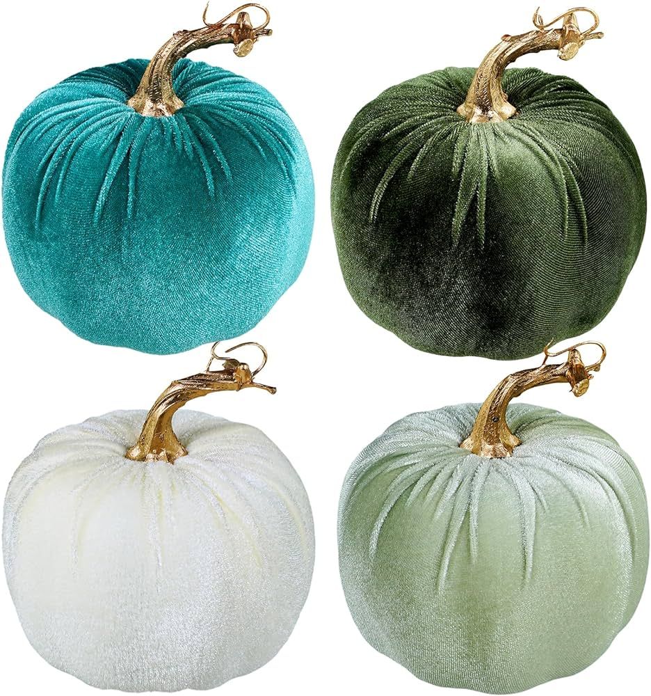 Winlyn 4 Pcs Assorted Faux Rustic Velvet Pumpkins Decorative Green Teal White Fabric Pumpkins Foa... | Amazon (US)