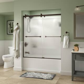Lyndall 60 x 58-3/4 in. Frameless Contemporary Sliding Bathtub Door in Bronze with Rain Glass | The Home Depot
