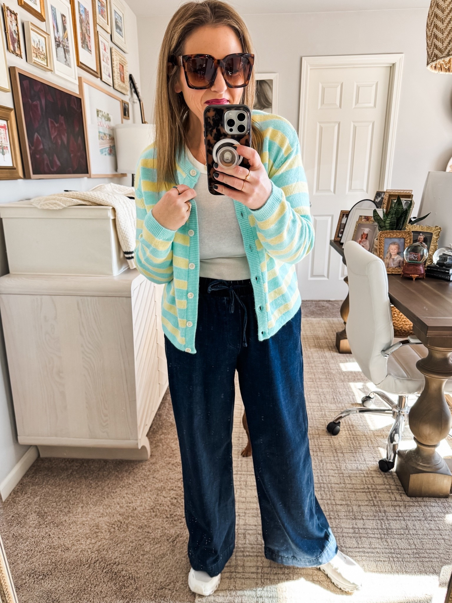 This darling striped cardigan sweater is 30% off today and just over $20! Grabbed it in the blue color combo, too 👏🏻5’3” and wearing a S in the cardigan and S in the pants. M in the racer back tank top. 

#LTKOver40 #LTKSaleAlert #LTKootd