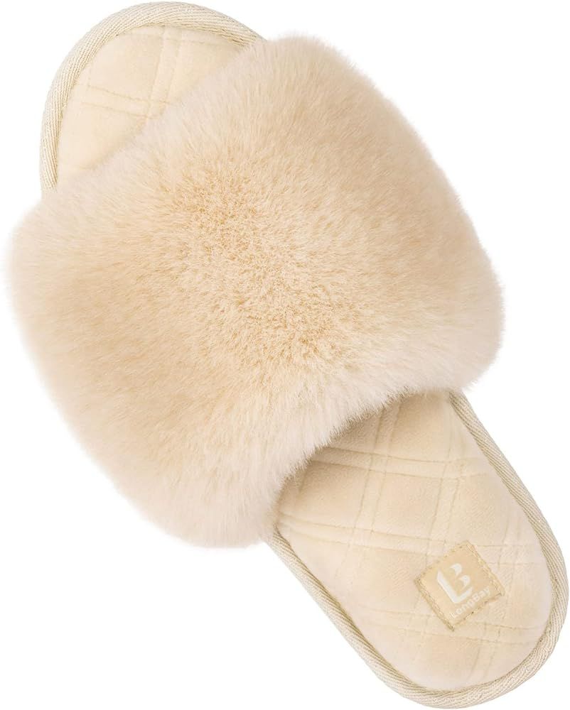 LongBay Women's Fuzzy Faux Fur Memory Foam Cozy Flat Spa Slide Slippers Comfy Open Toe Slip On House | Amazon (US)