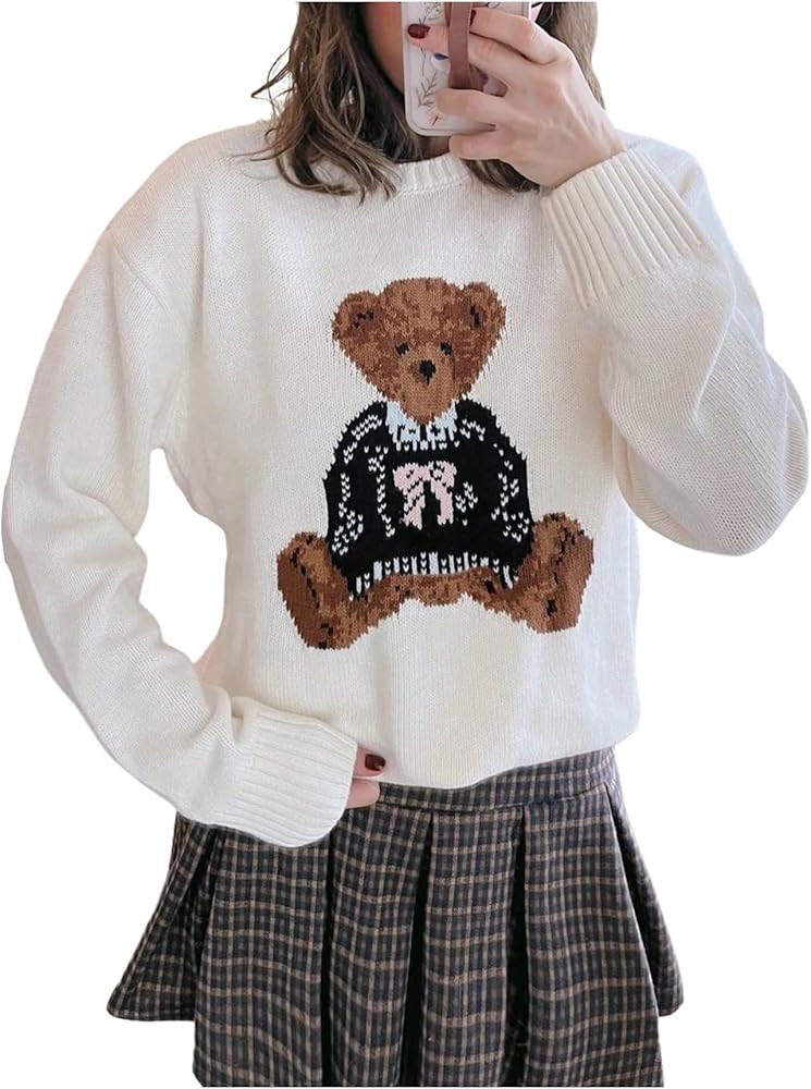 GORGLITTER Women's Cute Bear Graphic Sweater Oversized Cozy Long Sleeve Crew Neck Knit Fall Sweat... | Amazon (US)