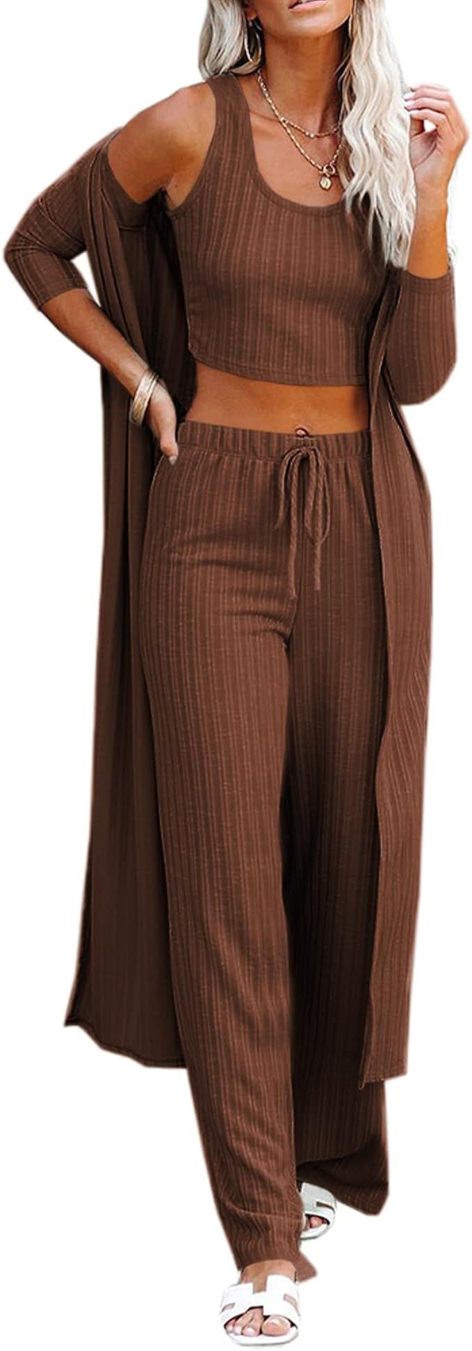 Womens Summer Pajamas Set 3 Piece Lounge Loungewear Set Crop Vest Top Loose Pants and Cardigan Kn... | Amazon (US)