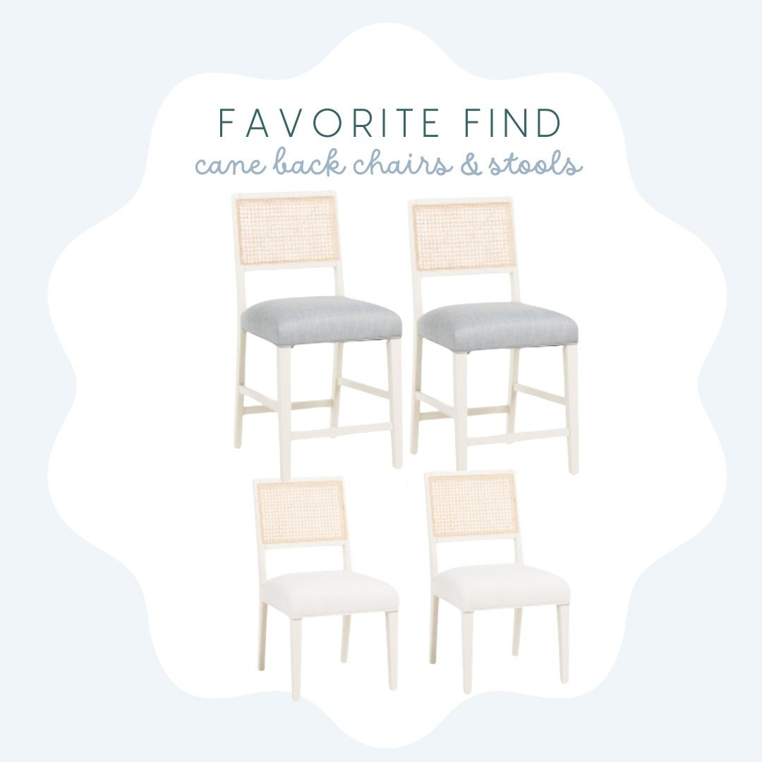 Serena and Lily lookalike chairs and stools with cane backing. Available in white or beat seat cushions